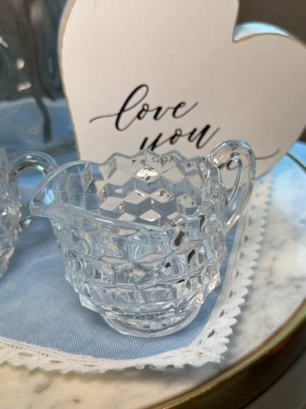 Vintage Diamond Cut Glass Creamer and Sugar Bowl Set